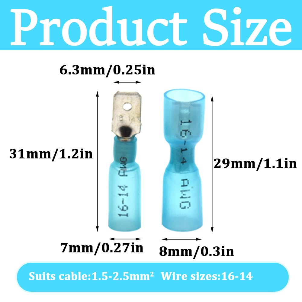 100 Pezzi Connettori Elettrici Kit Terminali a Crimpare Termorestringenti Di Connettori Femmina e Maschio - per cavi da 1,5 – 2,5 mm²(Blu/YRSL)