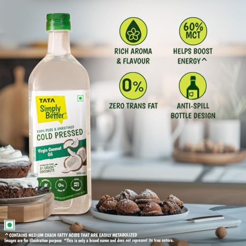 Image of Tata Simply Better Pure & Unrefined Cold Pressed Virgin Coconut Oil,Naturally Cholesterol Free,500ml,Rich Aroma & Flavour of Real Coconuts,For Daily Cooking with Multipurpose Usage,A1 Grade Coconuts