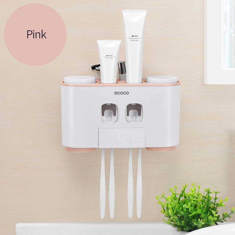 Stringi di dentifricio automatico set porta spazzolino montato a parete con 2 distributori 4 tazze e 5 slot articoli da toeletta rastrellatura rosa (Rosa)