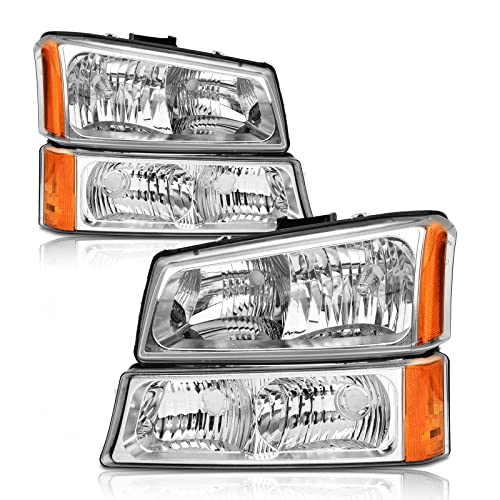 AXLAHA Headlights Assembly for 2003-2006 Chevy Silverado 1500/2500/3500/1500hd/2500hd | 2003-2006 Avalanche 1500/2500 | 2007 Chevy Silverado Classic Chrome Housing Amber Reflector Replacement Pair