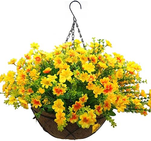 Lamsze Artificial Hanging Flowers with Basket,Fake Daisy Flowers in 12 inch Coconut Lining Hanging Baskets for The Decoration of Courtyard, Indoors, and Outdoors(Yellow)