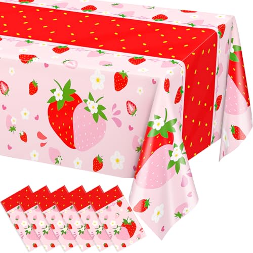 Image of WNINK 6 Pack Strawberry Tablecloths Strawberry Berry Sweet One Table Covers for Birthday Party Decoration Berry Sweet Baby Shower Party Supplies 54 inch x 108 inch