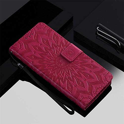 Qiaogle Teléfono Case para LG G3 Mini/LG G3s - Sun Flower Embossing Funda de PU Cuero Billetera Clamshell Carcasa Cover (Rojo)