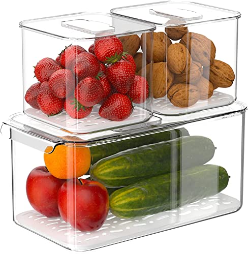 Image of Slideep Food Storage Containers Produce Saver with Lids, Stackable Refrigerator Freezer Organizer Bins with Removable Drain Tray, Fridge Fresh Keeper for Veggie, Berry, Fruits, Vegetables 3 Pack