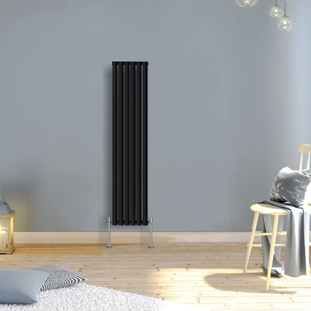 Warmehaus Black Modern Vertical Upright Tall Single Oval Panel Radiator 1600X354mm