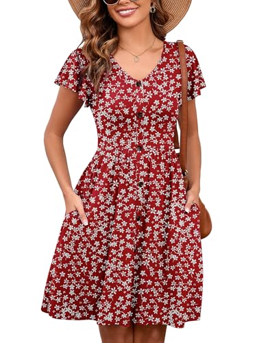 Image of Heymoments Women's Ruffle Sleeve V Neck Swing Sundress Summer Casual A-Line Midi Dress with Pockets S-2XL