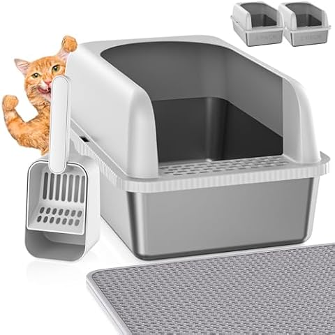 2 Pack Stainless Steel Cat Litter Box witn High Sides, Extra Large Litter Box with Lid, Metal Litter Box for Multiple Cats, Anti-Leakage,Non-Stick, Easy to Clean, Included Cat Litter Mat, Scoop Cover
