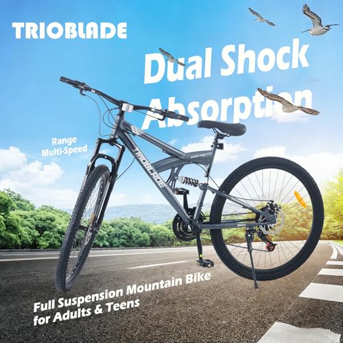 TRIOBLADE 20/24/26/27.5 Inch Full Suspension Mountain Bike for Adults Teens & Youth, Dual Shock MTB Dirt Bicycle, 7/21-Speed Gears, Mechanical Disc Brakes, High-Carbon Steel Frame (Grey, 24inch) - Image 2