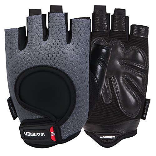 WARMEN Cycling Gloves - Leather Palm Support for Biking Riding Mountain Climbing Outdoor Racing, Fitness Workout Gym Weightlifting Indoor Power Training for Men & Women (Dark Grey, Women/Large)