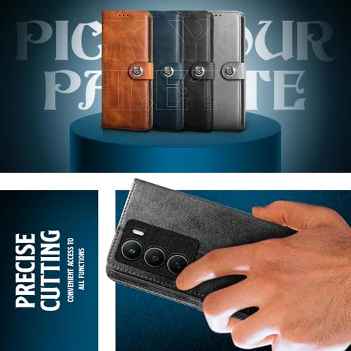 Image of WOW IMAGINE Shock Proof Flip Cover Back Case for Realme C75 | Realme C73 | Narzo 80 lite 5G | P3 Lite 5G (Magnetic Button Flip Case | Wallet Pockets & Stand | Leather Finish | (Haze Black)