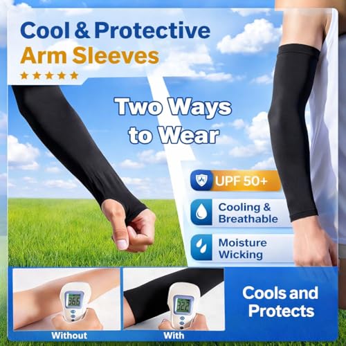 Image of Arm Sleeves for Men & Women UV Protection Hand Sleeve with Thumb for Boys & Girls Sun Protection Cover for Running, Bike Riding, Cricket - Nylon