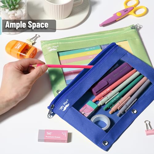 Image of Mr. Pen- Pencil Pouch for 3 Ring Binder, 2 Pack, 10 inchx6.75 inch, Smooth Zipper, Clear Window, Large Capacity Pencil Case with 3 Reinforced Grommets for School, Office, Supplies Storage