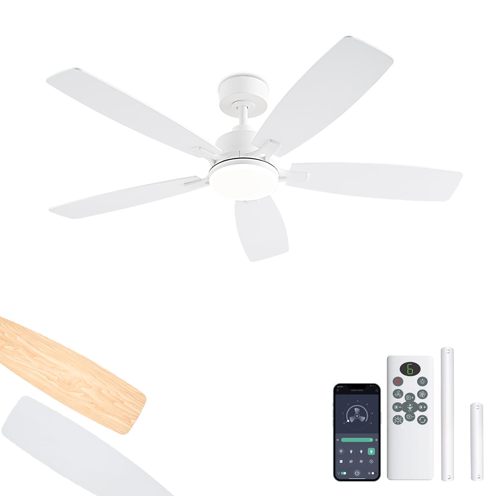 NKPU White Ceiling Fans with Lights, 52 Inch Low Profile Ceiling