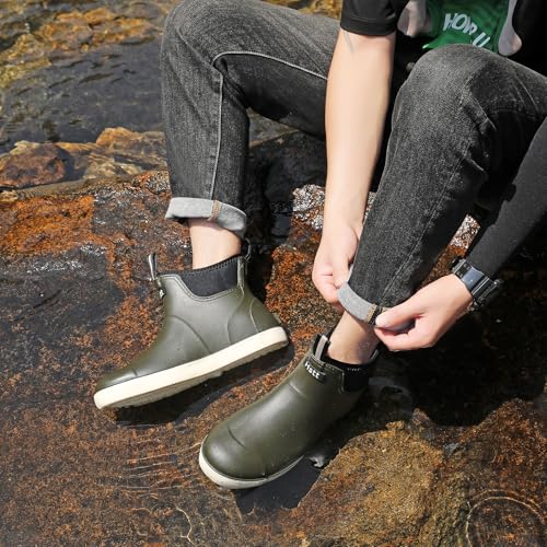 Image of Men's Deck Boots Waterproof Fishing Rain Boots, Anti-Slip Rubber Boots Ankle Booties, High-Performance Footwear Chelsea Boots for Gardening Boating Camping Sailing
