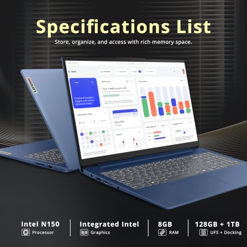 Image of Lenovo Ideapad Slim 3 15.6 inch Anti-Glare FHD Laptop, Intel Processor N150, 8GB LPDDR5 RAM, 1.12TB Storage(128GB UFS+1TB Docking Station), Long Battery Life, Wi-Fi 6, Numeric Keypad, Win 11 Pro, Blue
