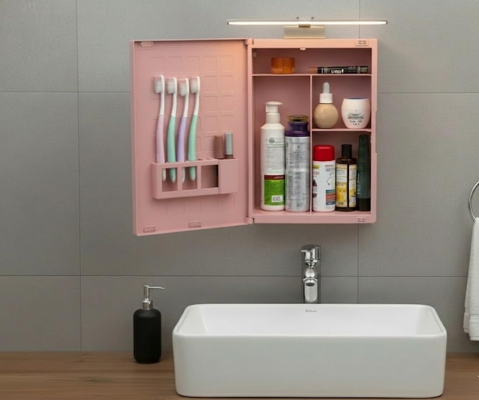 zahab Milstone Pink Bathroom Cabinet with Mirror (10 x 14 Inch) | Wall Mount Plastic Storage Cabinet | Toothbrush Holder & Multi Compartments | Shatter Proof Mirror Bathroom Organizer 3