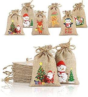 RFWIN Christmas Jute Burlap Bags, 12 pcs Small Xmas Drawstring Jute Bags Christmas Linen Bags Snack Candy Pouch for Wedding Birthday Kids Party Favors