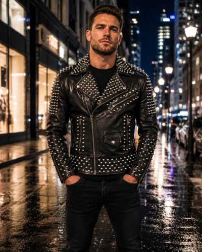 Image of Men's Studded Cowhide Leather Biker Jacket - Punk Rock Spiked Brando Coat