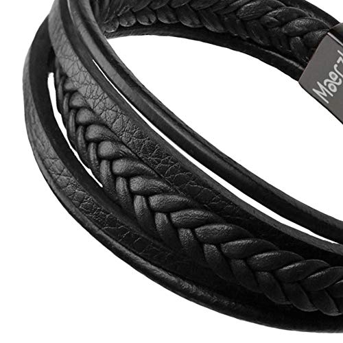 Maerzl Mens Bracelet Leather Stainless Steel Clasp Wrap Genuine Leather Braided Bracelet Wrist Cuff Bangle (Black Leather 7.5") #TOP4