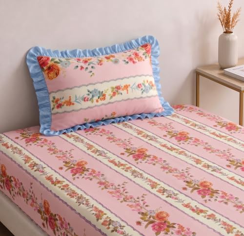 Image of BSB HOME 240 Tc Premium Single Bed Bedsheet, Soft Comfortable Bed Sheet with 2.5 Inches Frill Border, Stylish Printed Bedding for Bedroom, Elegant Bedsheet, 60 x 90 Inches - Mauve Pink