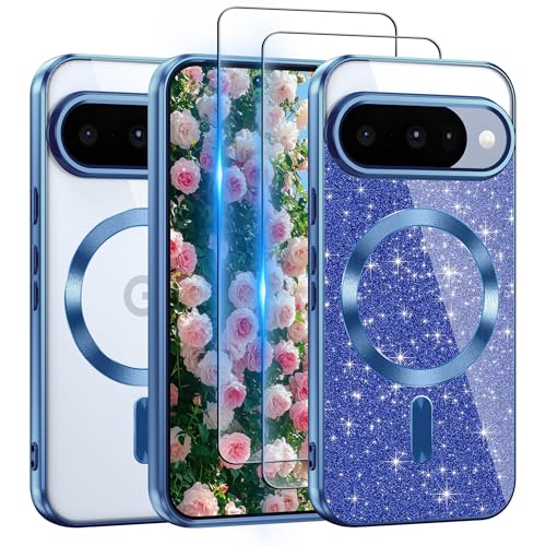 Coque Google Pixel 10 Pro compatible MagSafe transparente pailletée avec 2 verres HD