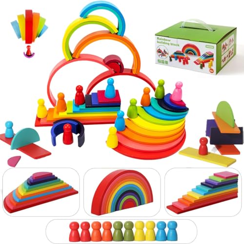 Image of Generic Wooden Rainbow Stack Set,45-Piece 4-in-1 Rainbow Stacking Toys Building Blocks for Kids Ages 3 4 5 Preschool Montessori Toys