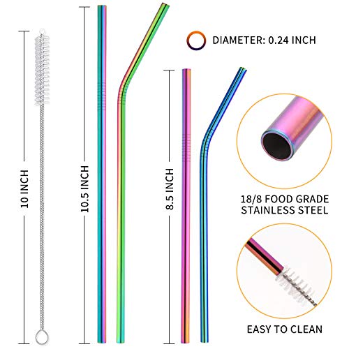 Image of Hiware 12-Pack Rainbow Metal Straws Reusable with Case - Stainless Steel Drinking Straws for 30oz and 20oz Tumblers Dishwasher Safe, 2 Brushes Included
