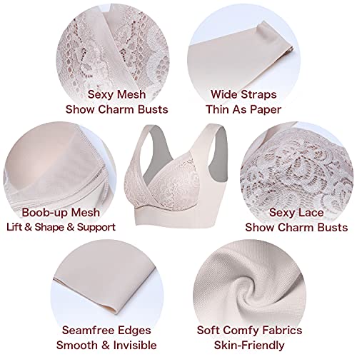 Image of WOWENY Seamless Lace Bras for Women Wirefree Comfortable Mesh Padded Soft Back Smoothing Bra