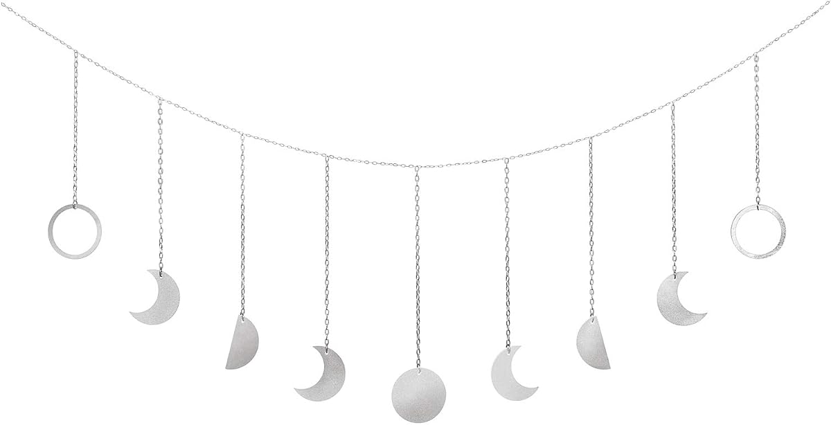 Moon Phase Wall Decor, Boho Metal Celestial Decoration, Silver 50" L | Horizontal Wall Art, Bohemian Hanging Garland, Bedroom Nursery Living Room Dorm Apartment, Christmas Birthday Teen Girl Gift