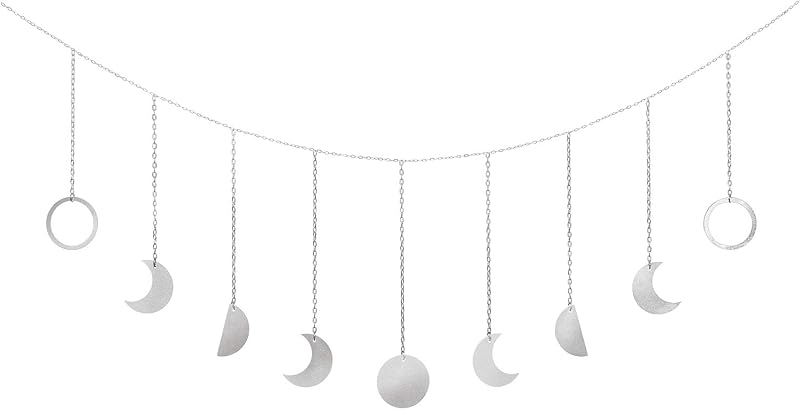Moon Phase Wall Decor, Boho Metal Celestial Decoration, Silver 50" L | Horizontal Wall Art, Bohemian Hanging Garland, Bedroom Nursery Living Room Dorm Apartment, Christmas Birthday Teen Girl Gift