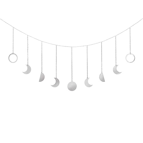 Mkono Moon Phase Wall Hanging Boho Aesthetic Room Decor Metal Moons Garland Hanging Art Bohemian Home Decoration for Girls Room Nursery Bedroom Livingroom Dorm, Ideal, Silver, 50" - Silver - Medium