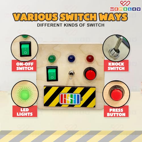 Image of Wembley Busy Board| Interactive & Engaging Game | Anti-Shock, Safe| Durable Wooden Busy Board with Smooth Edges| Battery-Operated with 3 Lights & Switches (3 Switches & Lights)