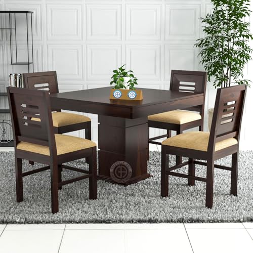 Image of Sheesham Wood Oval Dining Table with Cushion Chairs Set for Home Hall | Solid Wood Dinner Table with Chairs for Hotels | Dining Room Sets (Walnut Finish 2, 4 Seater)