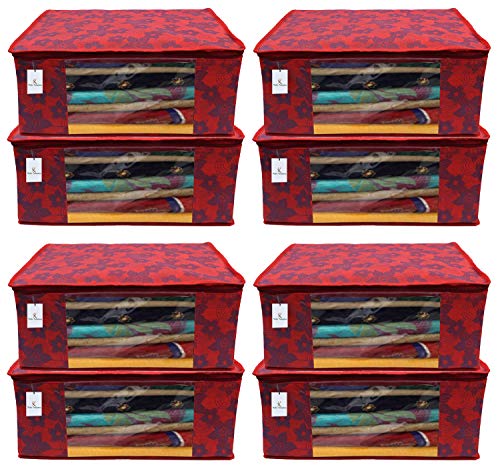 Image of Kuber Industries Metalic Flower 8 Piece Non Woven Saree Cover Set, Large, Red, Standard