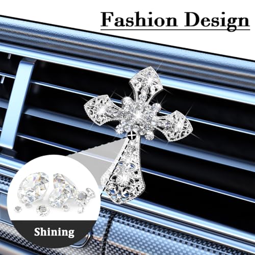Image of Bling Cross Car Air Vent Clip, Crystal Rhinestone Sparkling Vehicle Air Conditioner Outlet Clamp Charm, Dazzling Diamond Automotive Vent Decoration Clip, Universal Fit (Silver)