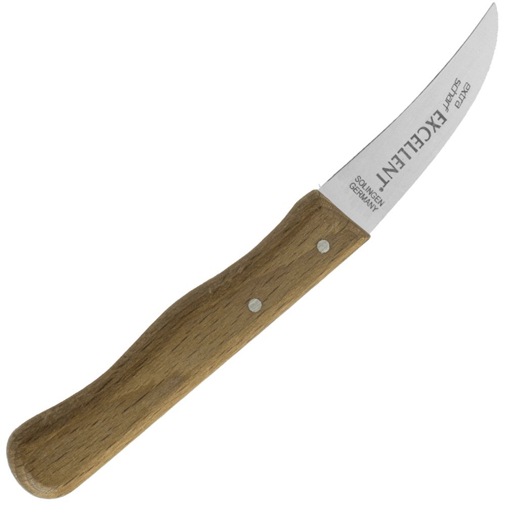 May Gemüsemesser Solingen gebogen Gussstahl Echtholz 16 cm | Traditionelles Schälmesser aus Solingen. Nicht rostfreie Gussstahl-Klinge (6 cm) für höchste Schärfe und Echtholzgriff.