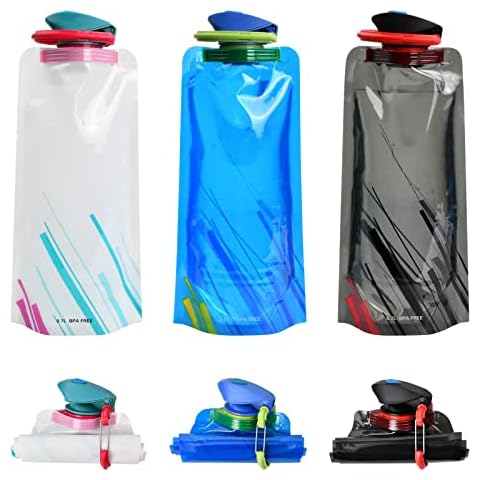 Set of 3 Foldable Water Bottles Collapsible Water Pouch Flexible Reusable Collapsible Water Bottle Plastic Soft Flask Water Bag with Carabiner Clip For Outdoor Sports Hiking Adventure Travel, 700ml Cover