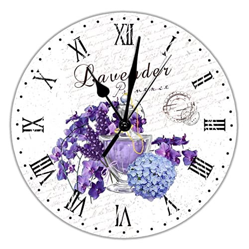 Reloj de pared redondo de PVC con flores de lavanda francesa, reloj de pared redondo, funciona con pilas, cuarzo silencioso, 25,4 cm, rústico, elegante, decoración para el hogar, sala de estar,