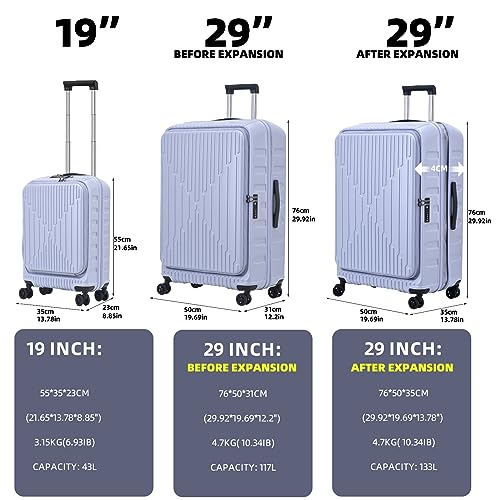 Image of Kaleenie 2 Pieces 19 /29 Luggage Sets, 19 Inch Carry On Luggage with Front Pocket & 29 Inch Side Opening Suitcase, Ligthweight ABS+PC Hardshell, Lilac Purple