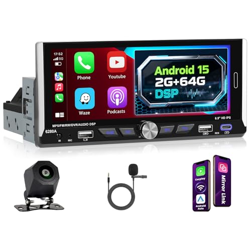 Inefala 2G+64G Android 15 Autoradio 1 DIN con Wireless CarPlay Android Auto, Touchscreen Stereo Auto Bluetooth con Schermo 6.9 Pollici, Radio 1 Din con GPS WiFi FM/RDS USB EQ SWC Retrocamera Mic