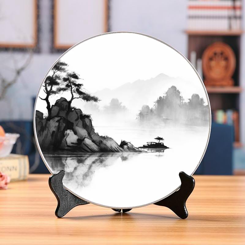 Mountains and Waters 10-inch Ceramic Plate for Wall Display or Tabletop, with Stand & Hook DP-362850121