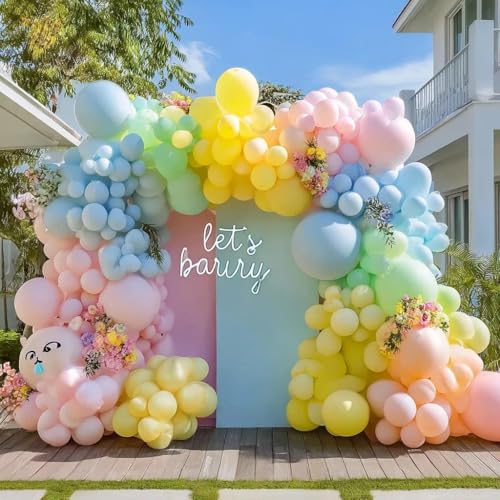 Image of Pastel Balloon Arch Double Stuffed Pink Yellow Blue Green Balloons Different Size for Colorful Spring Princess Unicorn Easter Happy Birthday Baby Shower Party Decorations