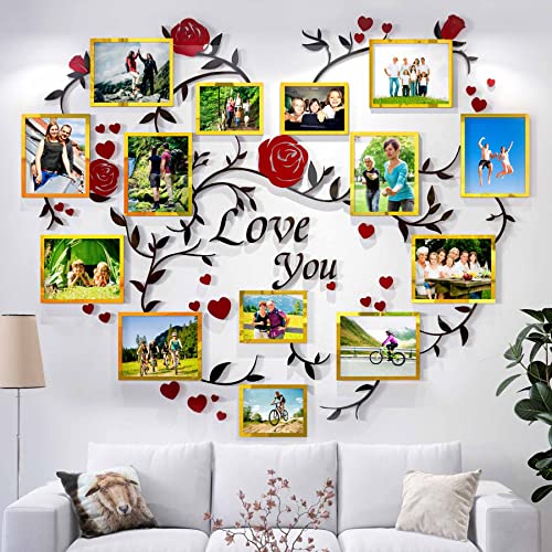 Decorsmart Heart Family Tree Wall Decor Picture Frame Collage Golden Removable 3D Diy Acrylic Wall Stickers For Living Room With Rose And Quote Love You #TOP7