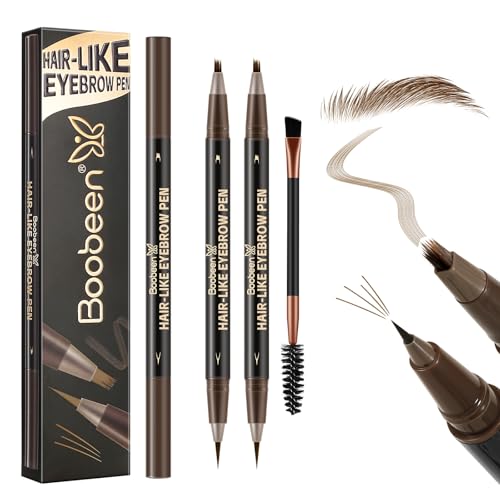 Boobeen Lápiz de Cejas con Efecto Microblading - Resistente al Agua, Doble Punta, Duradero con Cepillo - Marrón Oscuro (2 Unidades)
