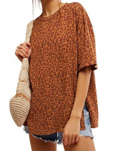 Image of Tankaneo Womens Oversized Tshirts Summer Casual Short Sleeve Crew Neck T Shirt Loose Fit Side Slit Tee Tops