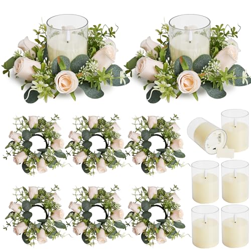 YMDOBIGER Rose Candle Rings with Flameless Candles - 6 Sets Artificial Rose Candleholders Without Batteries - Champagne