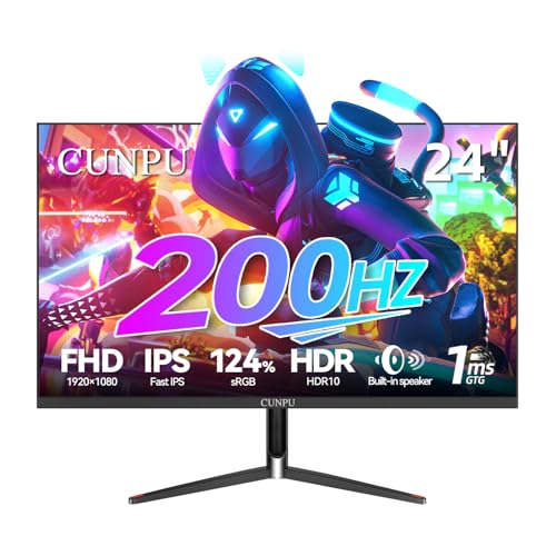 Image of CUNPU 24 Inch 1080P 200Hz Gaming Monitor, FHD Fast IPS Panel, 124% sRGB 1ms HDR Zero-Frame Computer Monitor, Built-in Speaker, HDMI 2.1, DisplayPort 1.4, FreeSync & G-Sync, Tilt, VESA, Eye Care