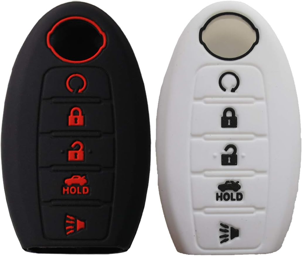 2Pcs Keyless4U 5 Buttons Silicone Key Fob Remote Cover Case Jacket Holder Protector for Nissan Altima Maxima Armada Murano Rogue Sedan Pathfinder (Black White)