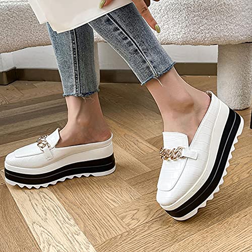 Hbeylia Platform Mule Slippers Shoes For Women Ladies Fashion Snake Leather Metal Chain Square Toe Chunky Bottom High Heels Slip On Loafers Sandals Casual Flats Dress Walking Slides Shoes For Fall2