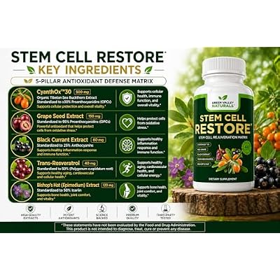 GREEN VALLEY NATURALS Stem Cell Restore Cellular Health Support Supplement with CYANTHOXTM30, Sea Buckthorn, Black Currant, Grape Seed & Resveratrol | Antioxidant & Healthy Aging Support | 60 Caps